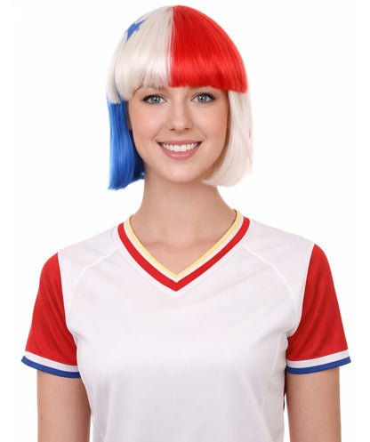 Panama Flag Sport Party Bob Wig | National Pride Red White Blue | Premium Breathable Capless Cap