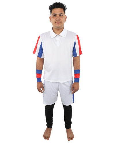 HPO Men's Retro Court Athlete Costume | White Polo and Shorts Set with Striped Accents | Ideal for Halloween, Theater, Drag, and 80s Sports Events