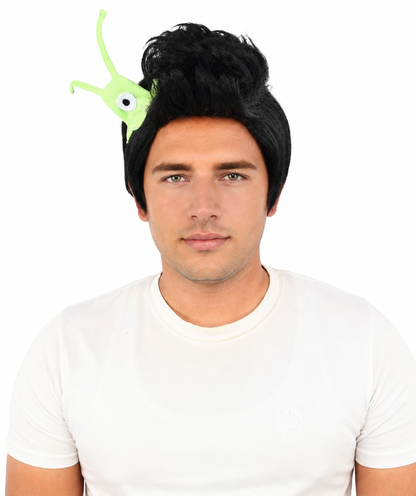 HPO Men's Brain Slug Orange Wig | Medium Spiked Synthetic Hair with Attached Green Alien Plush and Messy Texture | Sci-Fi Cosplay, Halloween, Cartoon Theme Party, and Funny Costume Accessories