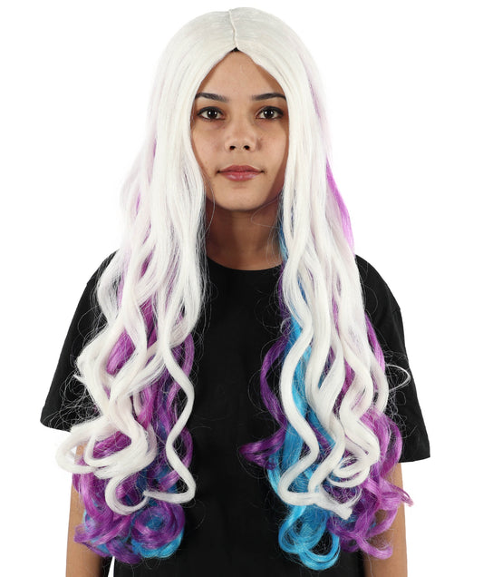 HPO Women's Extra-Long Curly Multicolor Wig | Synthetic Hairpiece with Soft for Halloween, Parties & Stage