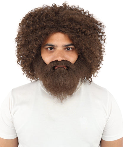 HPO Men's Wild Caveman Orange Wig Beard & Mustache Set | Massive Frizzy Orange Afro and Full Beard Set with Messy Texture | Prehistoric Costume, Viking Cosplay, Halloween, and Funny Party Props