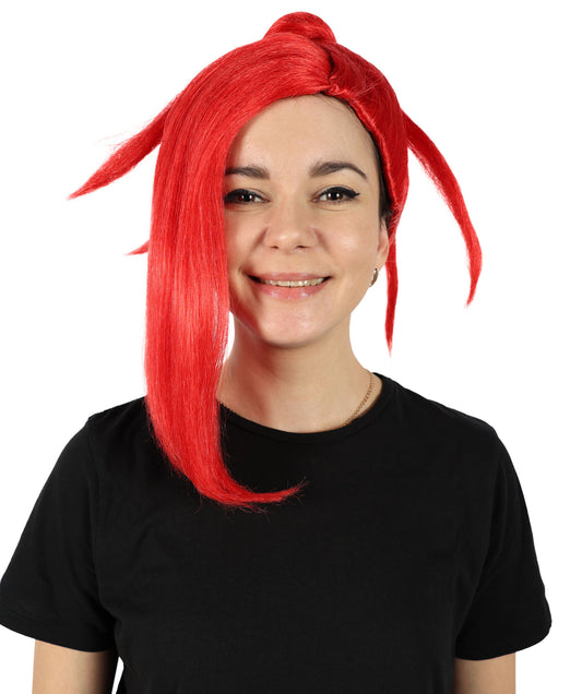 Women’s American Rapper Red Spiky Bun Wig | Best for Halloween | Flame-retardant Synthetic Fiber