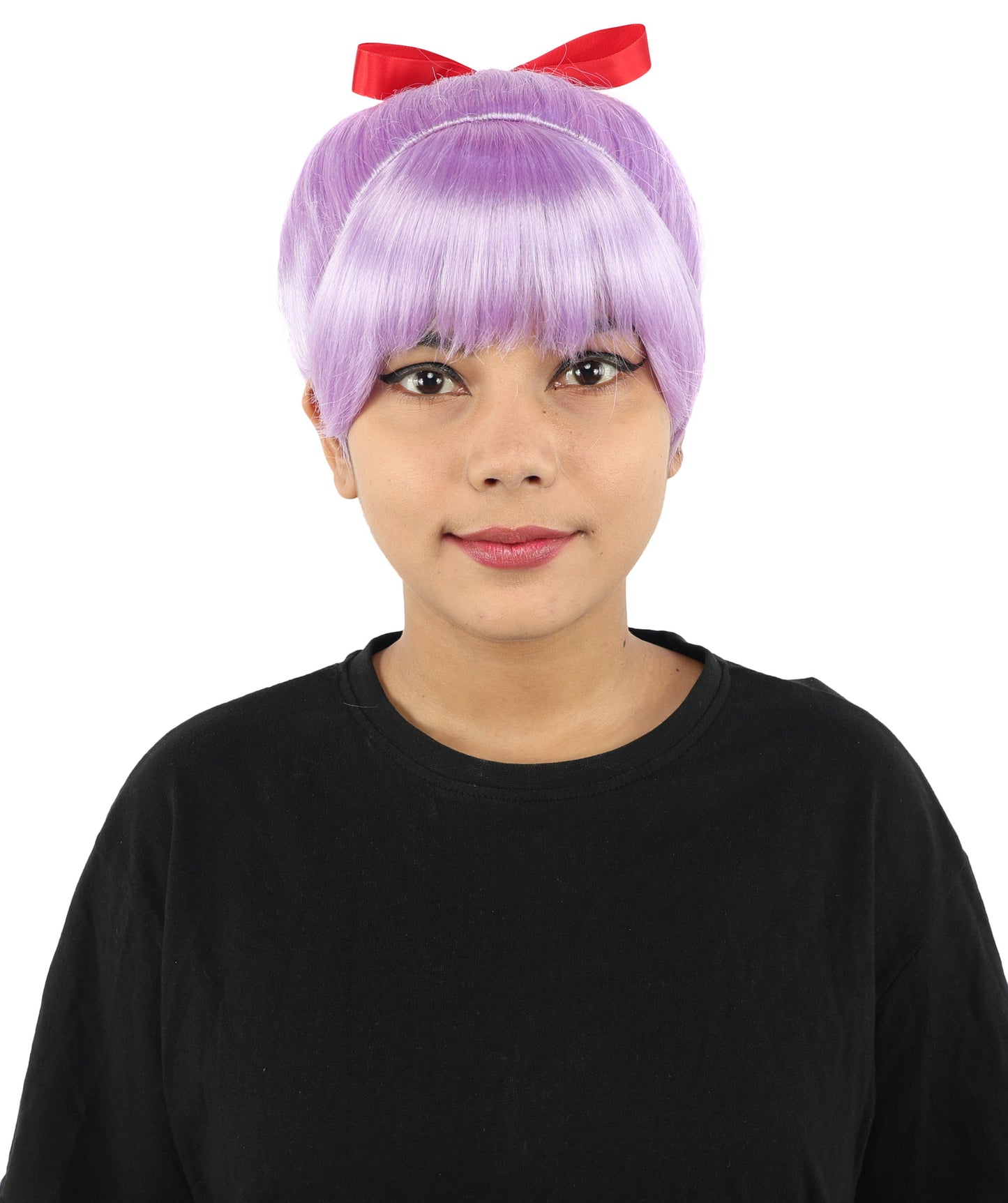 HPO Women's Spiral Ponytail Wig | Multicolor Options | High Updo with Red Ribbon Bow & Bangs, Heat Friendly Synthetic Fiber & Breathable Cap | Halloween, Christmas Event, Themed Party, Theater & Roleplay