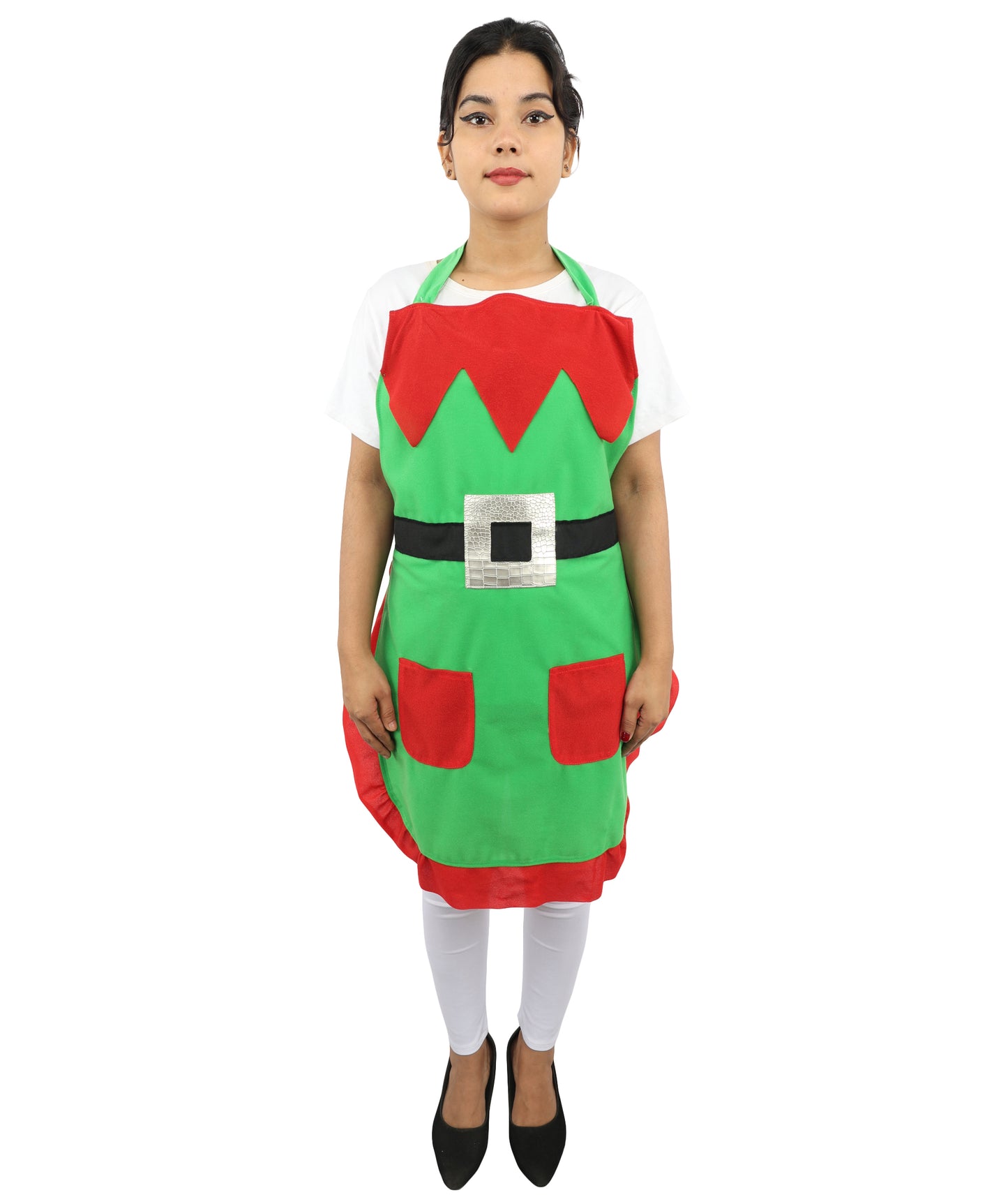 HPO Festive Holiday Helper Fabric Apron for Adults | Red & Green Christmas Cooking Apron | Holiday Baking and Craft Outfit with Adjustable Straps