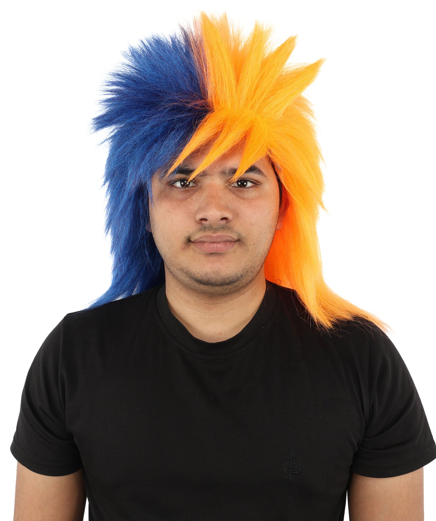 HPO Men's Navy Blue and Orange Sports Wig | Split Color Spiky Shag Style Flame-retardant Synthetic Fiber | Halloween Themed Party American Football Fan Gear
