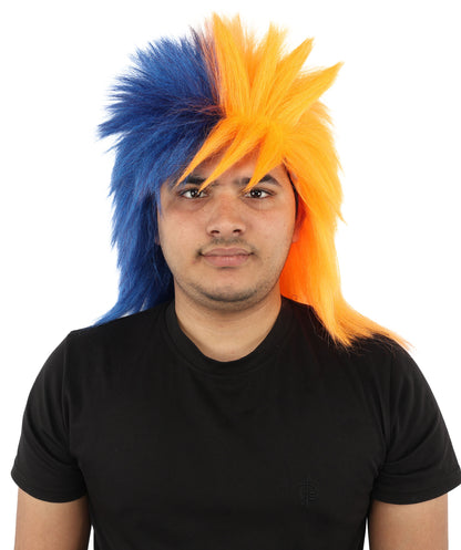 HPO Men's Navy Blue and Orange Sports Wig | Split Color Spiky Shag Style Flame-retardant Synthetic Fiber | Halloween Themed Party American Football Fan Gear