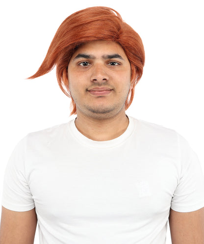 HPO Men’s Flame Radish Brown Short Wig with Side Fringe – 11” Auburn Synthetic Hair | Lightweight Capless Wig for Halloween, Cosplay, Stage & Dress-Up Events