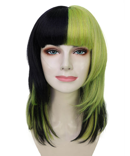 HPO Adult Short Lolita Straight Wig with Bangs for Women | Green & Black Highlighted Synthetic Wig | Breathable Cap for Daily Wear & Halloween Looks