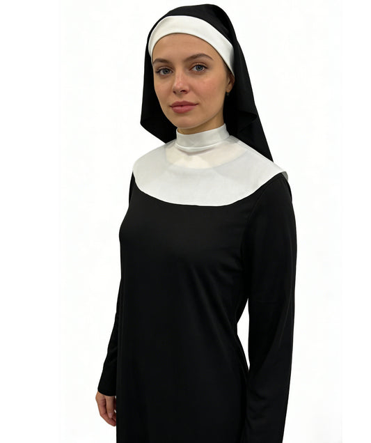 HPO Women's Traditional Nun Costume | Classic black and white jersey construction featuring a dress, headband, and neckerchief | Ideal for party, Halloween, cosplay, theater, drag, performance, costume events