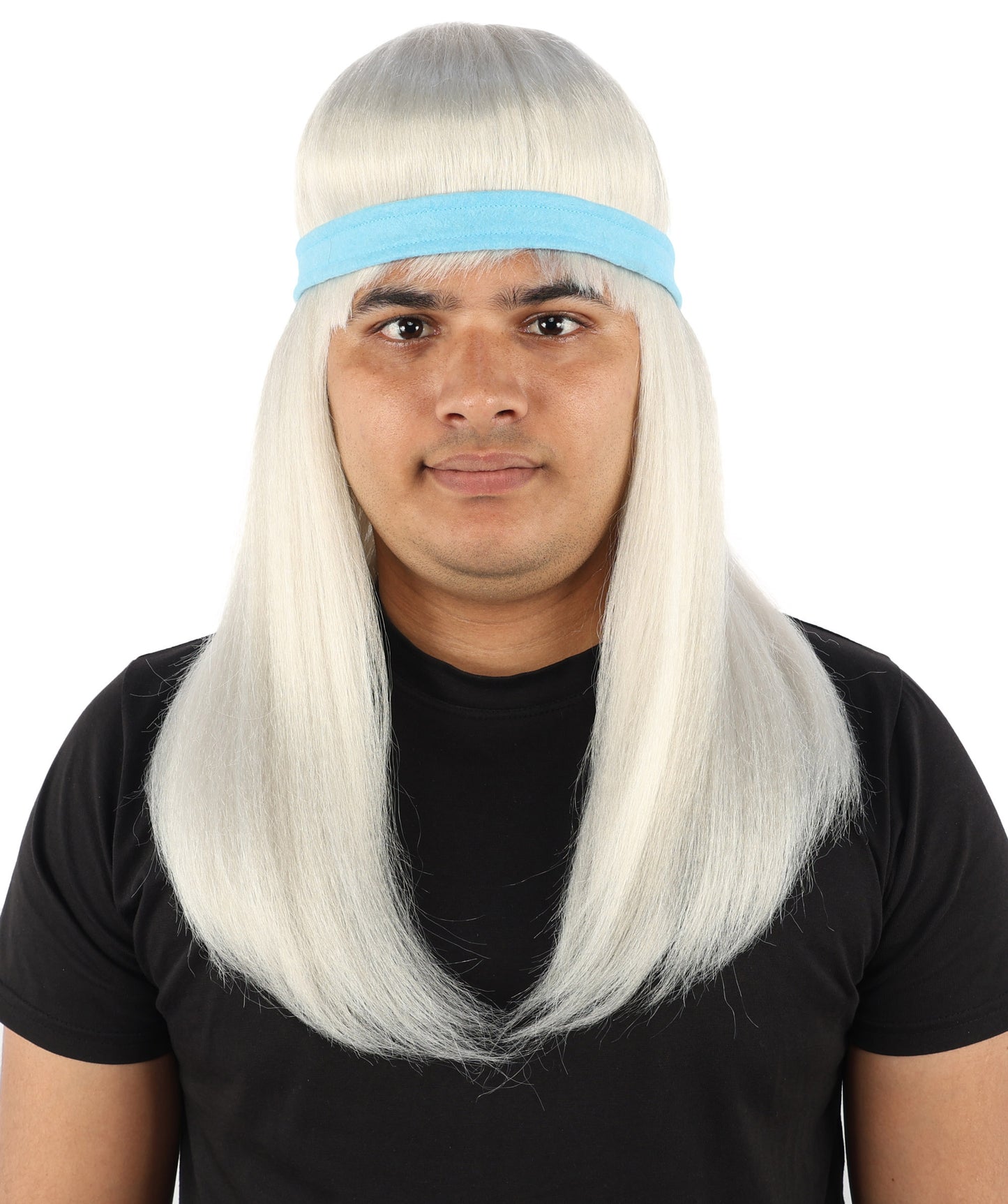 HPO Men's Long Auburn Wig with Headband | Straight Reddish Texture with Blunt Bangs & Included Teal Band, Heat Resistant Fiber | Halloween, Troll Roleplay, Fantasy Party, Carnival & Theater