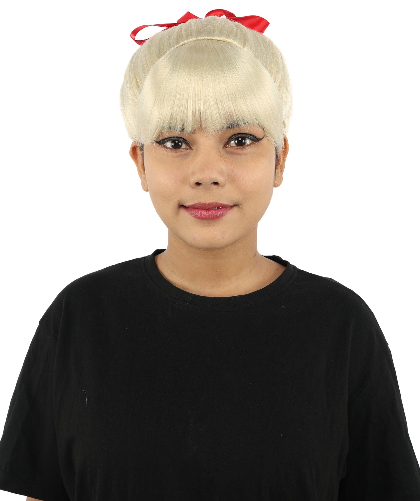HPO Women's Spiral Ponytail Wig | Multicolor Options | High Updo with Red Ribbon Bow & Bangs, Heat Friendly Synthetic Fiber & Breathable Cap | Halloween, Christmas Event, Themed Party, Theater & Roleplay