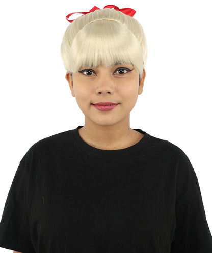HPO Women's Spiral Ponytail Wig | Multicolor Options | High Updo with Red Ribbon Bow & Bangs, Heat Friendly Synthetic Fiber & Breathable Cap | Halloween, Christmas Event, Themed Party, Theater & Roleplay