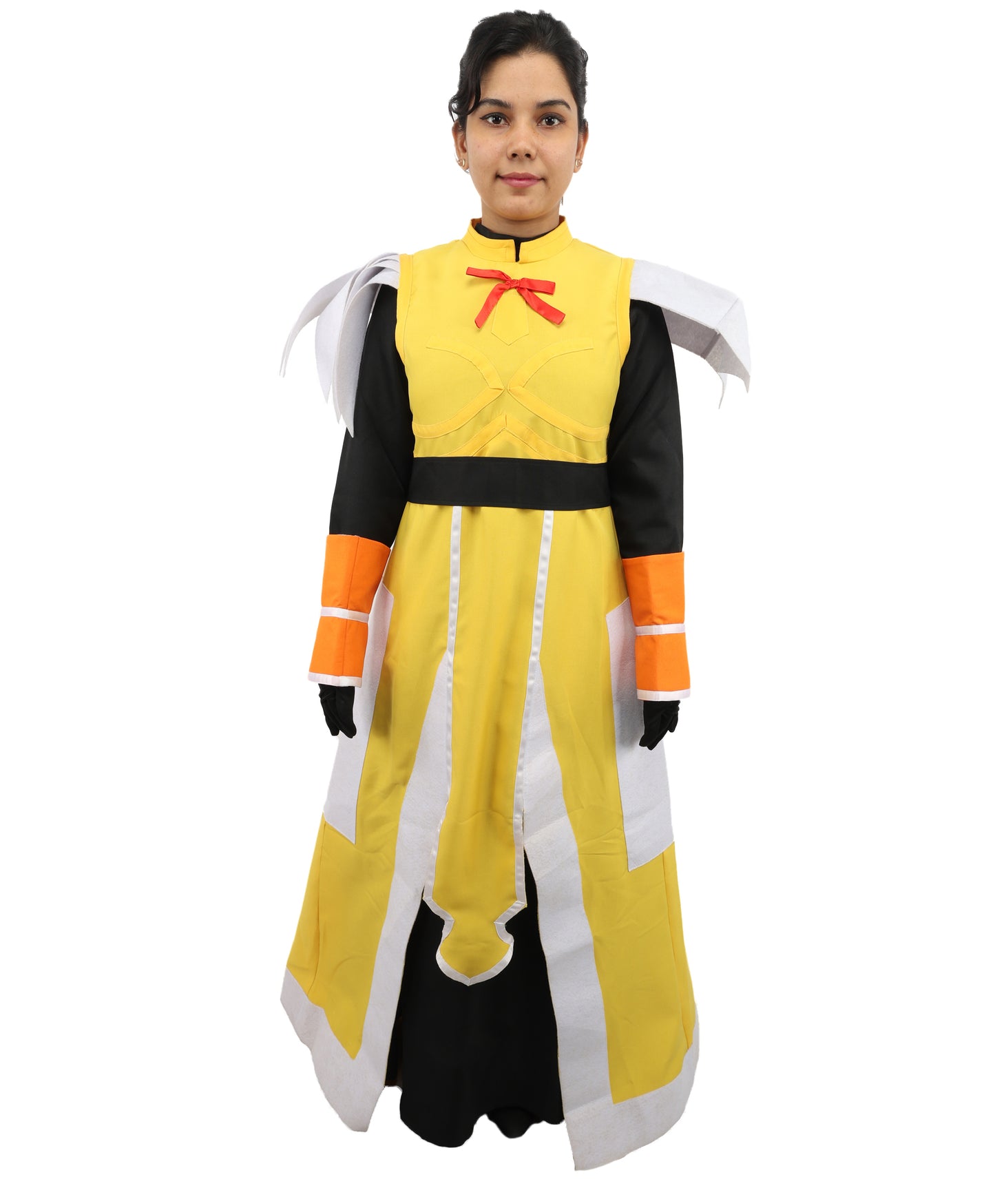 HPO Fantasy Warrior Dress Suit | Yellow and black uniform nw construction featuring a main body dress, hand gloves, and structured belt | Ideal for party, Halloween, cosplay, theater, drag, performance, costume events