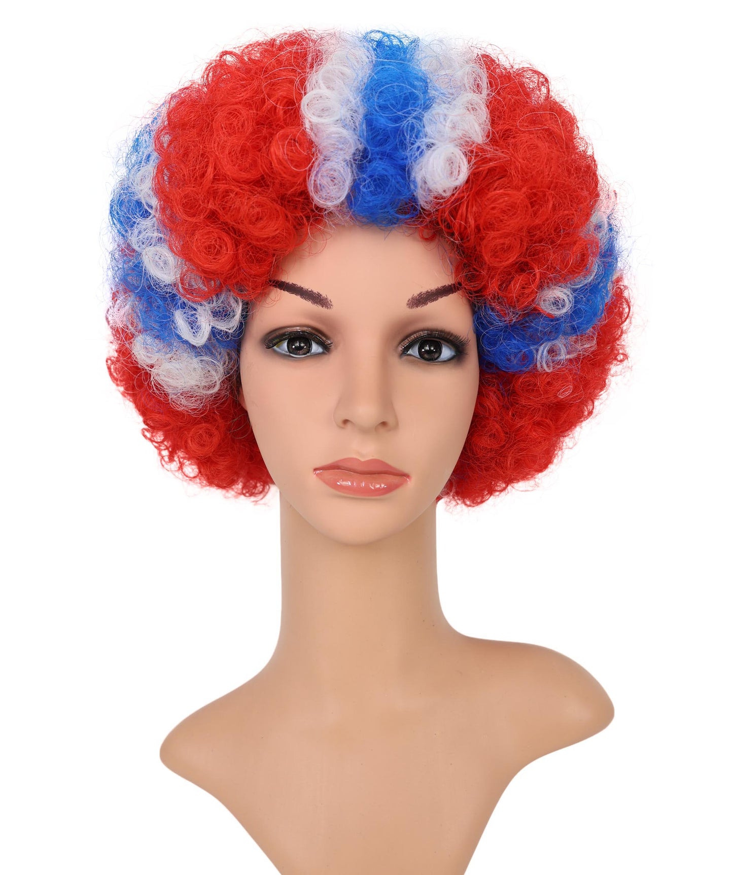 HPO Norway Clown Wig – Red, White & Blue Flag Afro Style | Fun Costume Wig for Sports Fans, National Day, Parties
