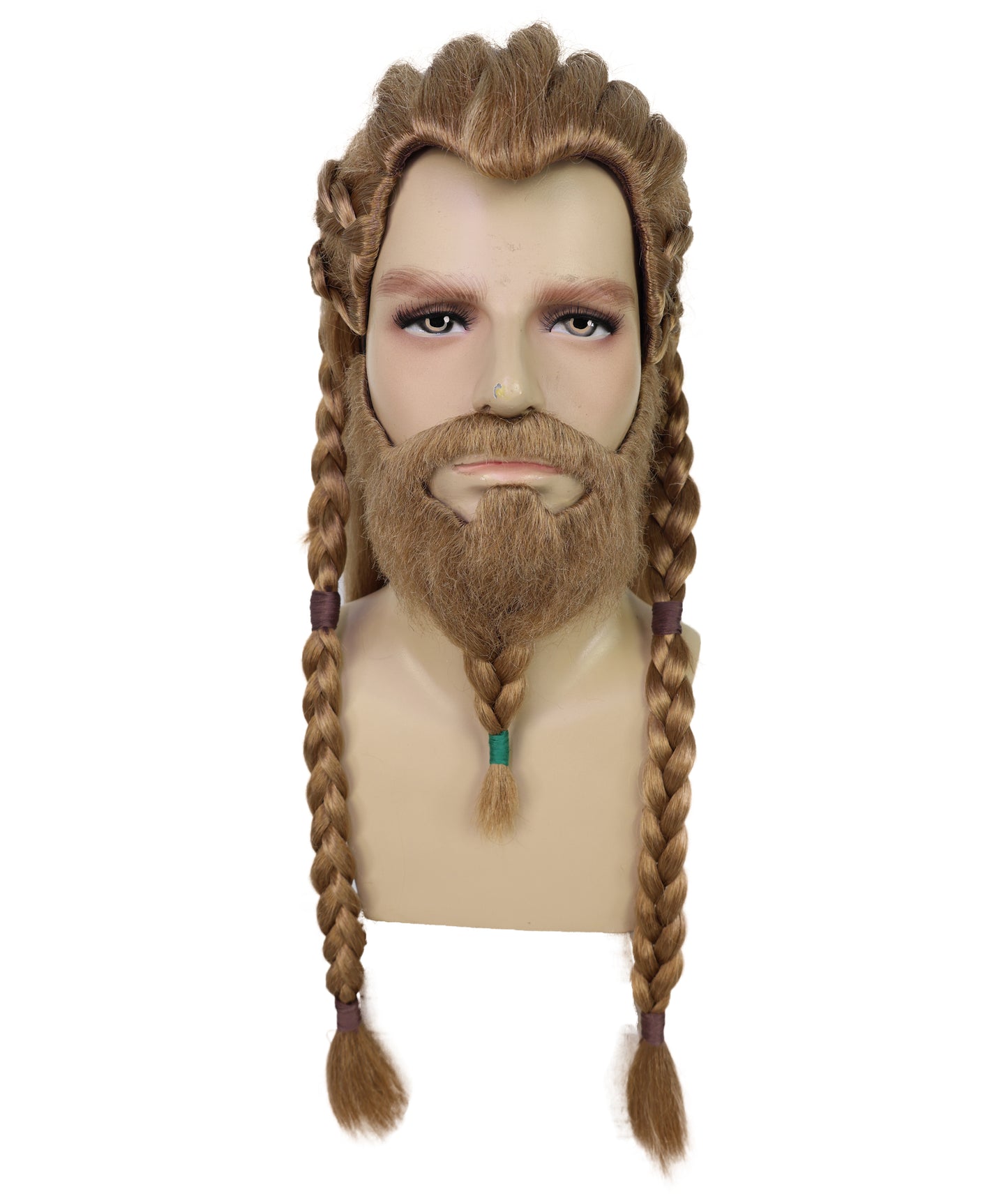 HPO Men's Viking Braided Brown Wig, Beard & Mustache Set | Long Synthetic Hair with Braided Styling | Nordic Warrior Inspired or Festivals, Parties