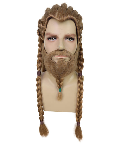HPO Men's Viking Braided Brown Wig, Beard & Mustache Set | Long Synthetic Hair with Braided Styling | Nordic Warrior Inspired or Festivals, Parties