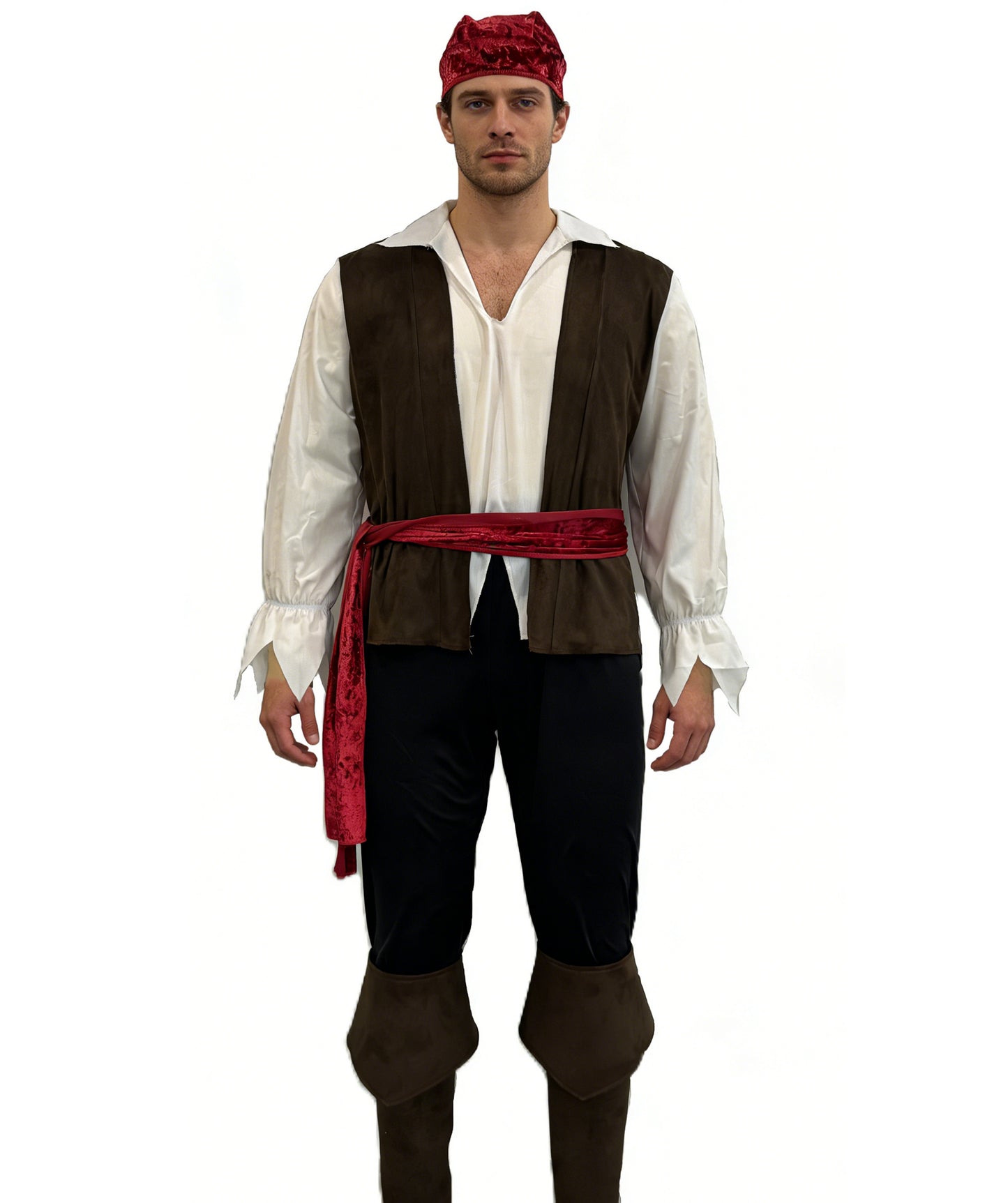 HPO Men's Pirate Deck Mate Costume | Brown and white jersey construction featuring a top, pants, belt, and headband | Ideal for party, Halloween, cosplay, theater, drag, performance, costume events