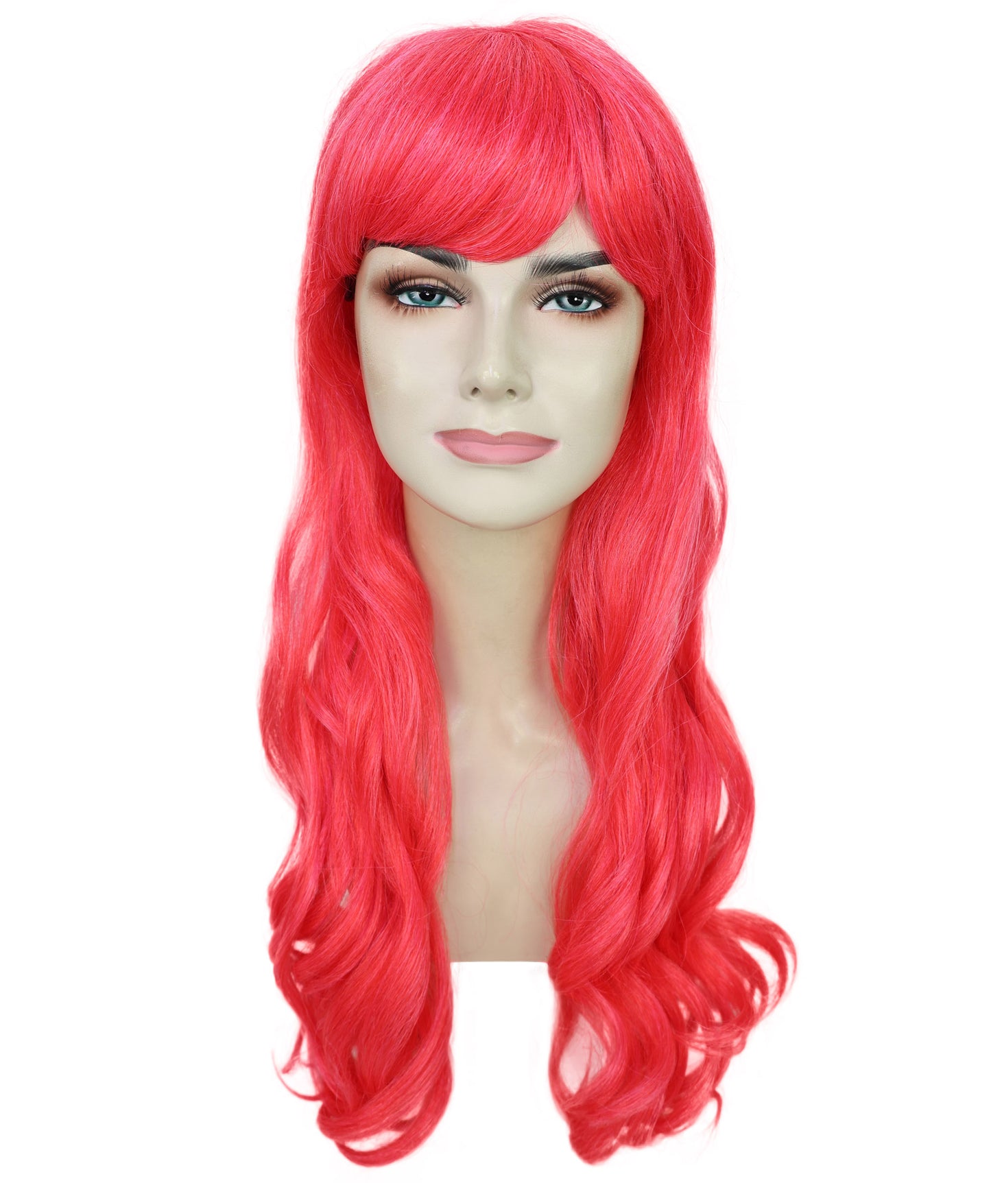 HPO Women's Red Long Wavy Desire Wig with Front Bangs | Halloween and Party Wig | Flame-retardant Synthetic Fiber  |  Premium Breathable Capless Cap