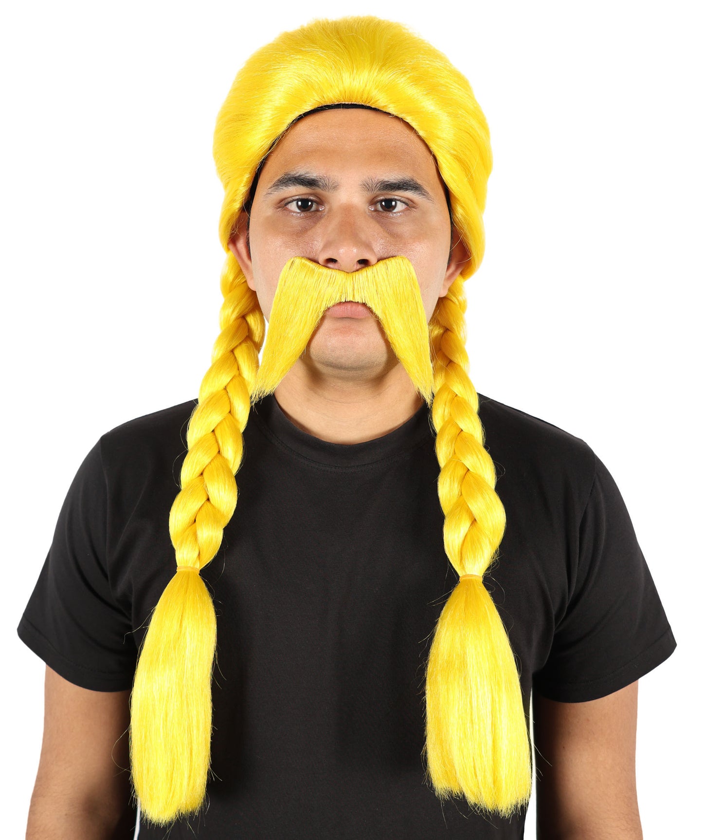 Voluminous Fashion Yellow Braided Pigtails Wig & Mustache | Bold Cartoon-Inspired Hairpiece for Halloween, Cosplay, Parties & Stage