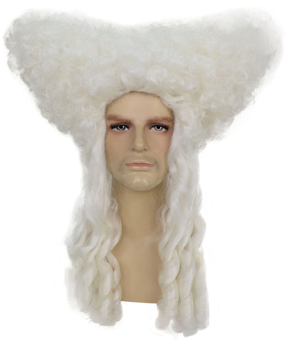 HPO Men’s Colonial Gentleman Wig | White Curly Historical Hairpiece | Costume Wig for Halloween Parties Cosplay Stage & Roleplay