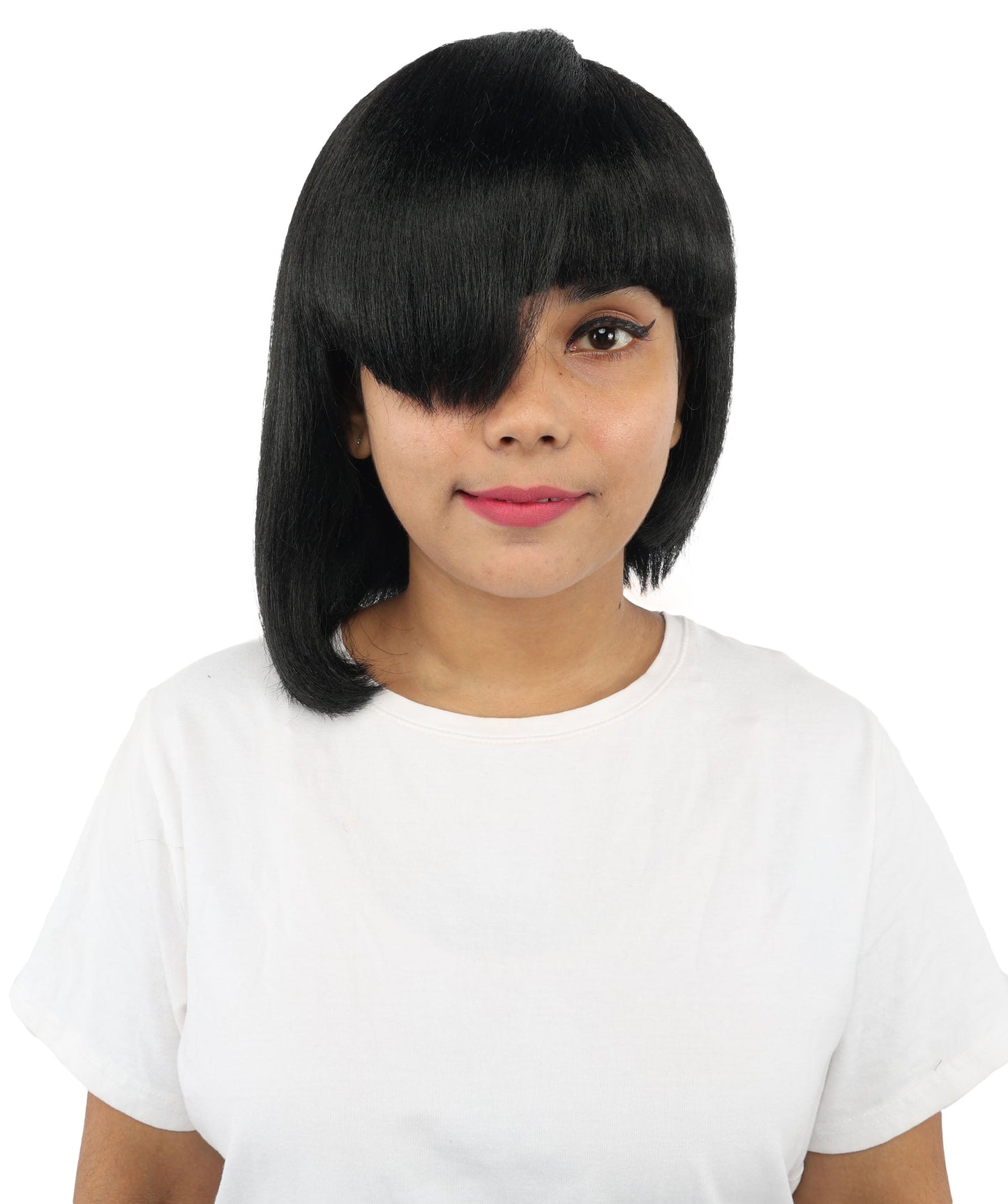 HPO Adult Women's Asymmetrical Bangs Bob Wig | Multiple Color Options | Create of synthetic fiber, sleek straight volume, breathable capless base | Party, Halloween, theater, drag, performance, costume events