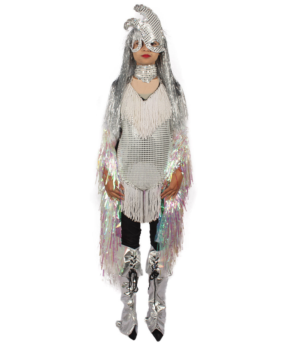 HPO Unisex Silver Holographic Long Tinsel Jacket Costume Bundle with Silver Tinsel Wig