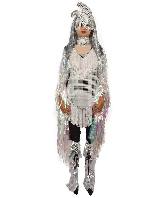 HPO Unisex Silver Holographic Long Tinsel Jacket Costume Bundle with Silver Tinsel Wig