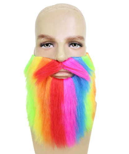 HPO Men’s Bright Rainbow Party Beard & Mustache Set | Rainbow Faux Facial Hair Accessory | Event Outfit Use for Cosplay, Parties & Performance Appearances