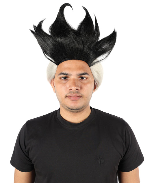 HPO Men's Spiky Layered Short Black & White Wig | Textured Synthetic Hair with Adjustable Cap for Halloween, Stage Performances, Themed Events & Roleplay