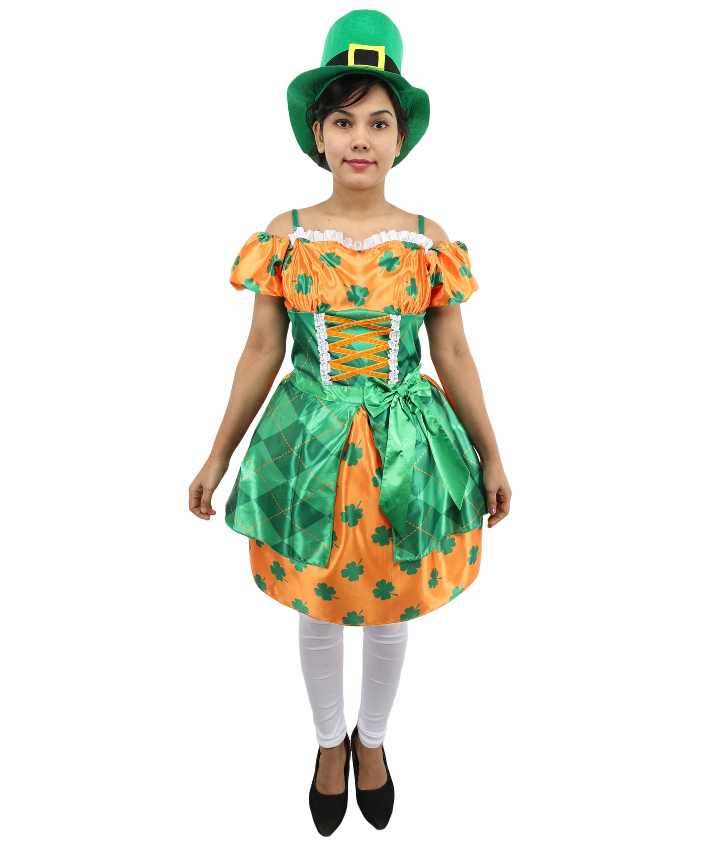 HPO Women Orange & Green Party Dress Costume with Hat | Colorful Event Outfit with Ruffle Skirt | Designed for Cosplay & Parties