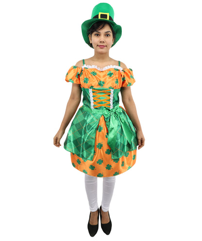 HPO Women Orange & Green Party Dress Costume with Hat | Colorful Event Outfit with Ruffle Skirt | Designed for Cosplay & Parties