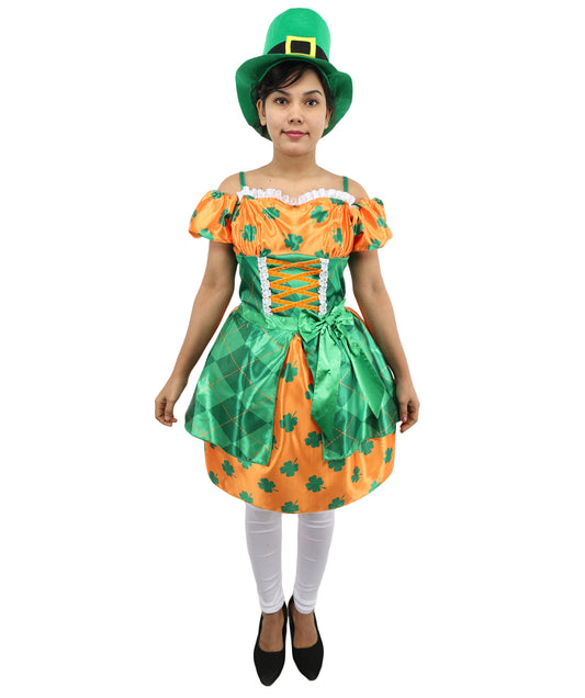 HPO Women Orange & Green Party Dress Costume with Hat | Colorful Event Outfit with Ruffle Skirt | Designed for Cosplay & Parties