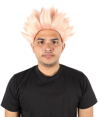 Anime-Inspired Spiky Wig | Black with Coral Mixed Streaks | Short Layered Hairstyle with Adjustable Cap for Halloween, Carnival & Parties