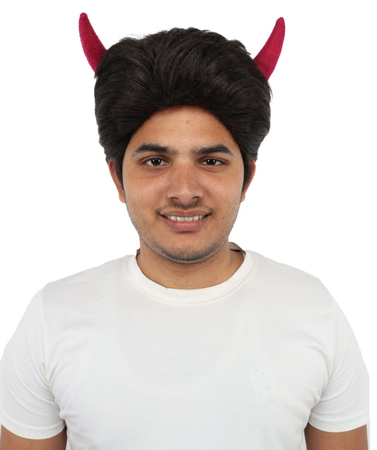 HPO Adult Men's Fantasy Demon Cosplay Wig with Horns | Spiky Dark Brown Synthetic Hairpiece | Adjustable Cap for Halloween, Parties, Stage & Roleplay