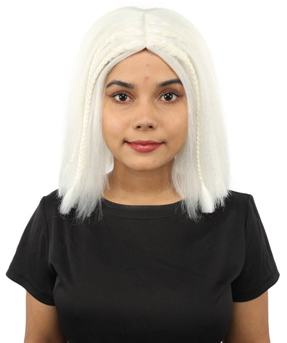 HPO Celebrity-Style 11 Inch Green Rooted Blonde Front Braided Straight Wig | Shoulder-Length Fun, Bold, and Stylish Hairpiece  | Ideal for Halloween, Cosplay, and Themed Parties
