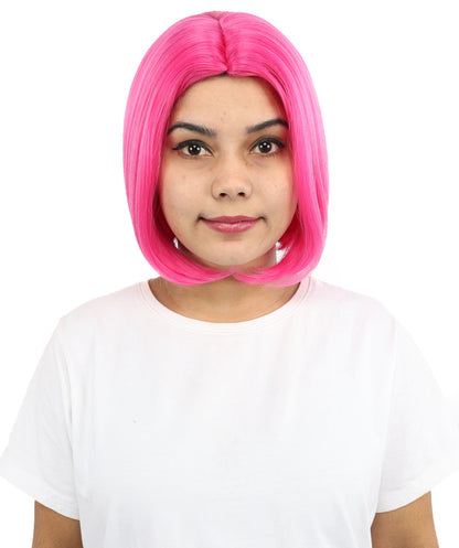 HPO Women’s Straight Pink Bob Wig – 10 Inch Chin-Length with Middle Part | Flame-retardant Synthetic Fiber for Halloween, Cosplay, Party & Festival Use