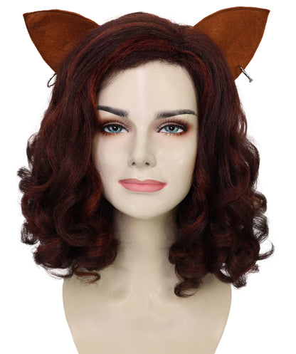HPO Women’s Cat-Themed Curly Brown Wig with Ears| Halloween and Cosplay Wig | Flame-retardant Synthetic Fiber