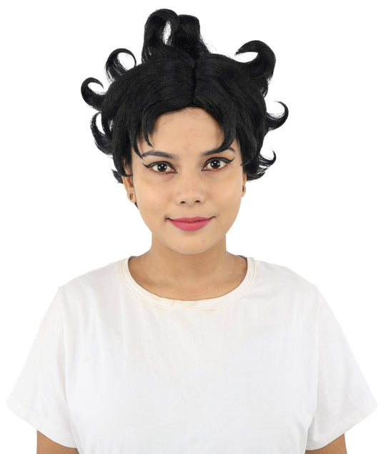 HPO Women's Vintage Pinup Curl Wig | Black synthetic fibers with structured ringlet loops and capless construction | Essential for theatrical stage Halloween drag performance and costume events