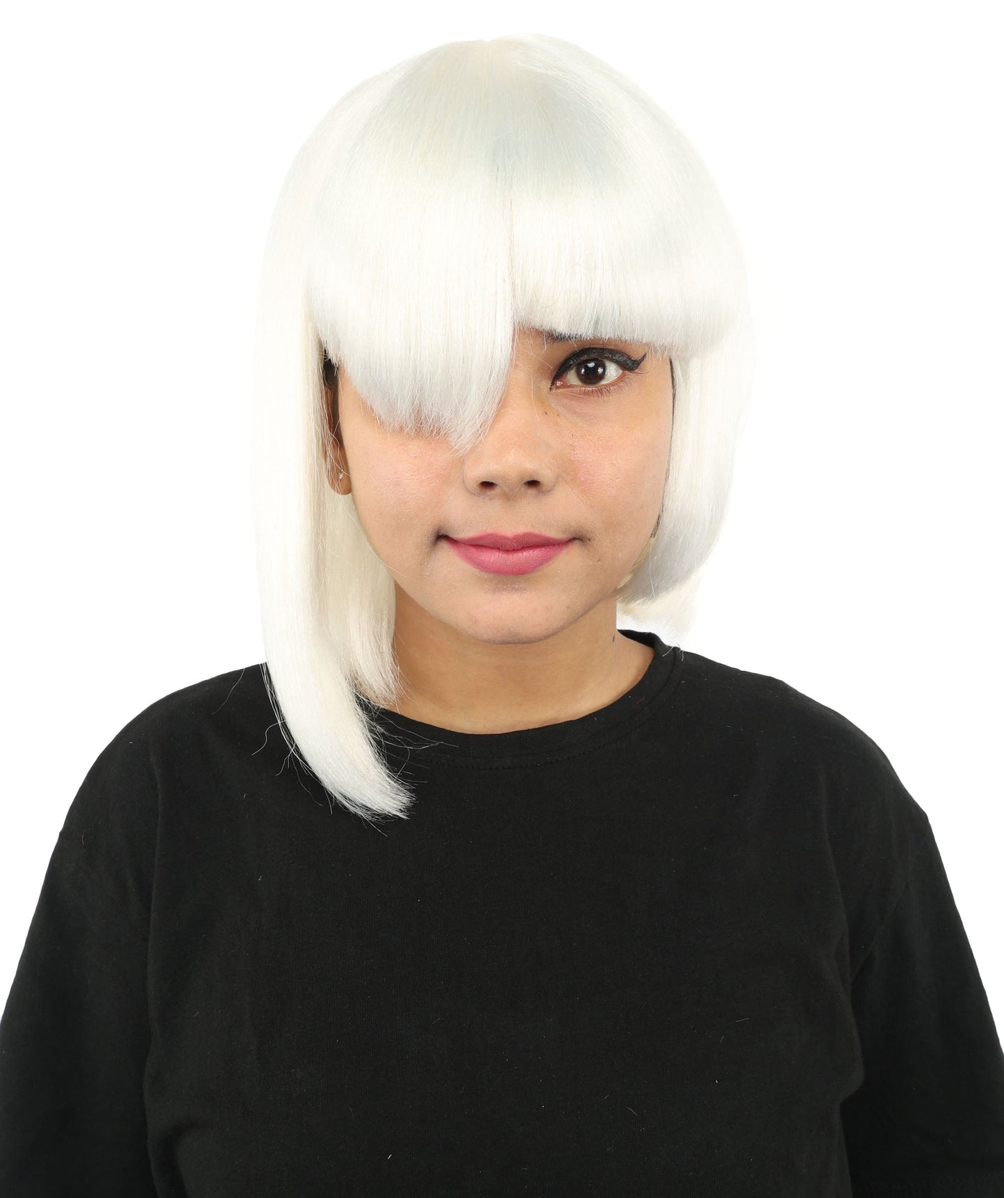 HPO Adult Women's Asymmetrical Bangs Bob Wig | Multiple Color Options | Create of synthetic fiber, sleek straight volume, breathable capless base | Party, Halloween, theater, drag, performance, costume events