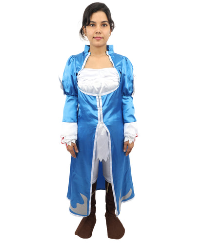 HPO Women's Anime Sorceress Roleplay Suit | Flowing white and blue satin jersey construction featuring a long dress, hand gloves, and leg socks | Ideal for party, Halloween, cosplay, theater, drag, performance, costume events