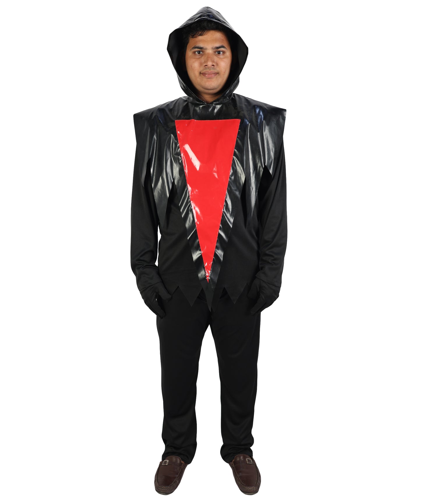 HPO Men's Ghost Slasher Costume | Grim Reaper Style Black Hooded Tunic Jagged Edge Robe Blood Red Ghost Mask | Youth Halloween Cosplay Thriller Horror Theater Performance Costume Events