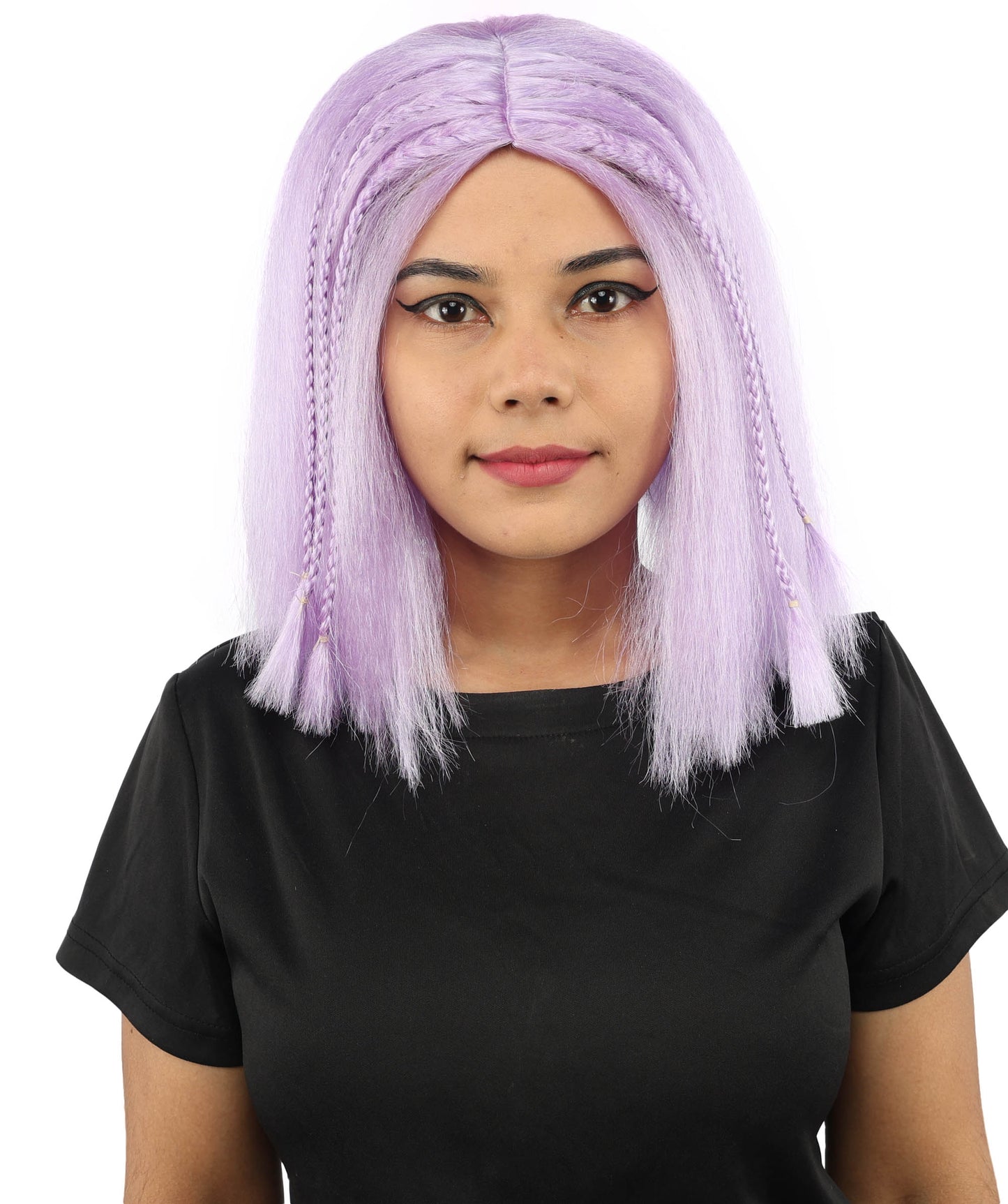 HPO Celebrity-Style 11 Inch Green Rooted Blonde Front Braided Straight Wig | Shoulder-Length Fun, Bold, and Stylish Hairpiece  | Ideal for Halloween, Cosplay, and Themed Parties