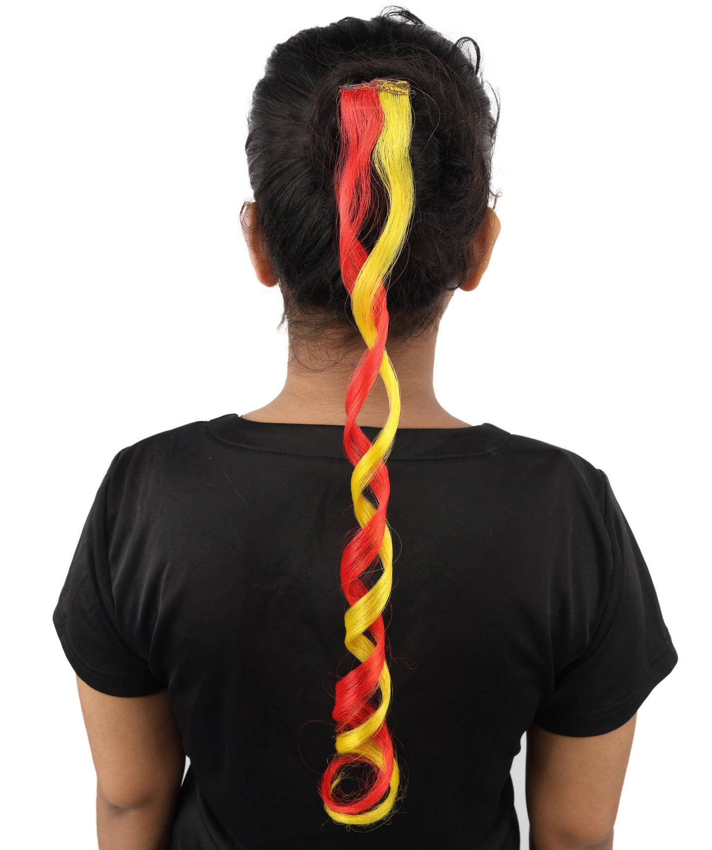 HPO Women's Spain Flag Hair Extension | Coiled red and yellow synthetic fibers featuring a twisted attachment design | Ideal for party, Halloween, cosplay, theater, drag, performance, costume events