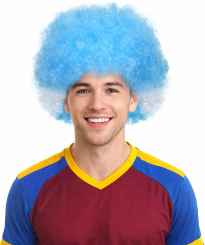 Argentina Sport Afro Fun Wig | White Sky Blue Fancy Halloween Wig