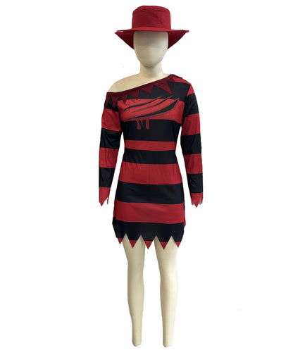 HPO Women's Striped Nightmare Costume | Two Tone Horizontal Patterned Tricot Jersey Dress With Classic Fedora Hat Accent | Halloween Cosplay Theater Drag Performance Costume Events