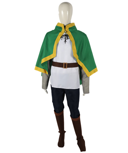 Fantasy Adventurer Roleplay Suit | Green and white uniform tricote construction featuring a koti capelet, body shirt, pants, belt, and leg socks | Ideal for party, Halloween, cosplay, theater, drag, performance, costume events