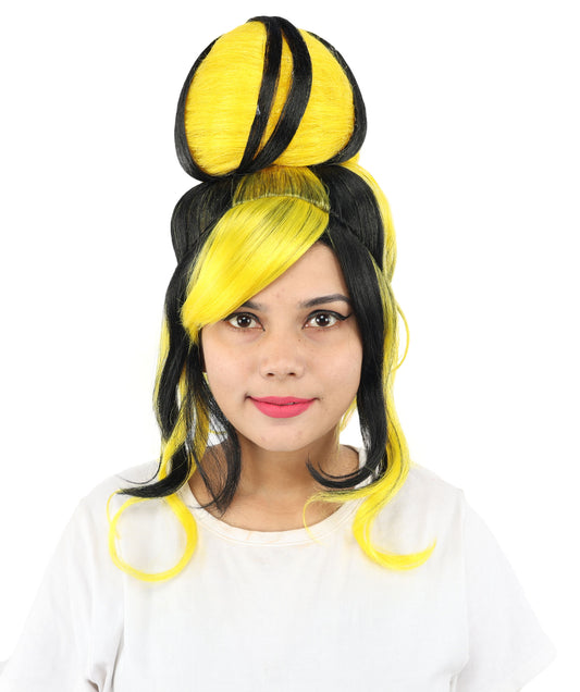 HPO Women's Two Tone High Bun Wig | Black and yellow synthetic fibers with tall structural top knot sweeping side bangs and capless base | Essential for theatrical stage drag performance costume events and party