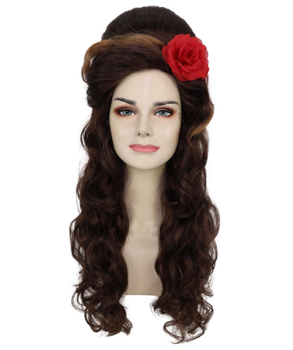 HPO Adult Womens Retro Brown Beehive Wig with Red Flower | 80s Vintage Glam Long Curly Hairpiece for Costume & Parties | Ideal for Halloween | Breathable Capless Cap
