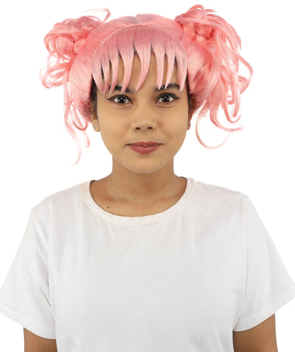 HPO Adult Women’s Messy Twin Bun Wig with Graphic Bangs | Multiple Color Options | Edgy Wig for Cosplay, Fashion Events, Halloween & Stage Wear | Adjustable Cap, Lightweight Synthetic Fiber