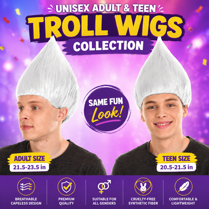 HPO Unisex Troll White Wig Bundle for Adult & Teen Classic Spiked Synthetic Hair - Fantasy Hairstyle with A Bold Upright Tall Shape Ideal for Halloween Cosplay Events & Themed Dress-Up
